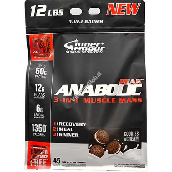 Anabolic Peak 3-in-1 Muscle Mass Gainer, Cookies & Cream Flavor, 5443g (12 lbs) - Inner Armour