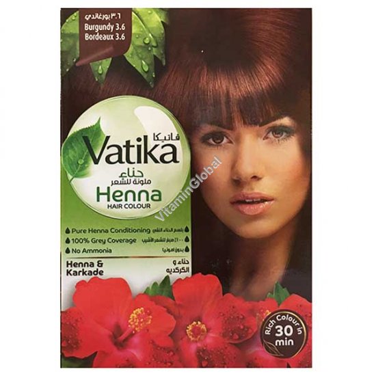 Henna Hair Color, Burgundy 3.6, 60g (6 sachets of 10g each) - Vatika