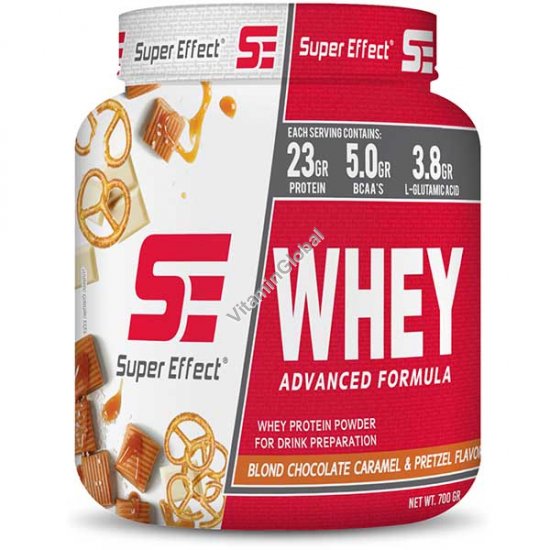 Kosher Whey Protein Powder, Blond Chocolate, Caramel and Pretzel Flavor, 700g (1.54 lb) - Super Effect