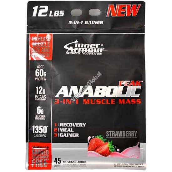 Anabolic Peak 3-in-1 Muscle Mass Gainer, Strawberry Flavor, 5443g (12 lbs) - Inner Armour