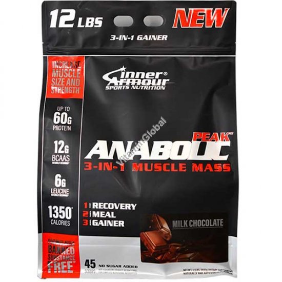 Anabolic Peak 3-in-1 Muscle Mass Gainer, Milk Chocolate Flavor, 5443g (12 lbs) - Inner Armour