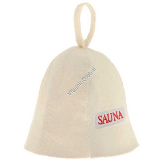 Wool Felt Sauna Hat with the word SAUNA embroidered in front