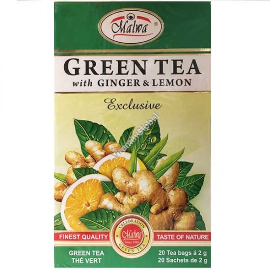 Green Tea with Ginger & Lemon, 20 Tea Bags - Malwa