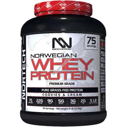 Premium Grade Norwegian Whey Protein Powder, Cookies & Cream Flavor, 2.27 kg (5 LB) - Nortech Nutrition