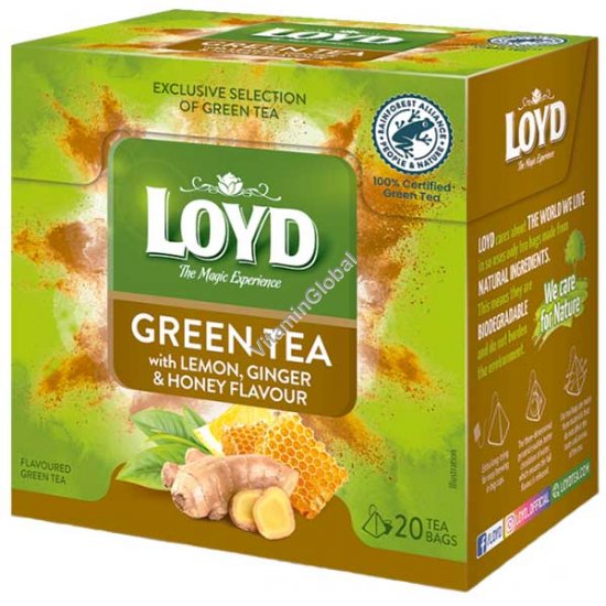 Green Tea with Lemon, Ginger and Honey Flavor 20 pyramid tea bags - Loyd