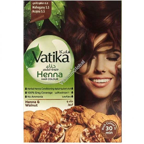 Henna Hair Color, Mahogany 5.5, 60g (6 sachets of 10g each) - Vatika