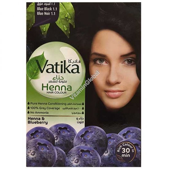 Henna Hair Color, Blue Black 1.1, 60g (6 sachets of 10g each) - Vatika