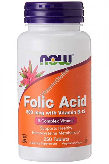 Folic Acid 800 mcg with Vitamin B-12 250 tablets - NOW Foods